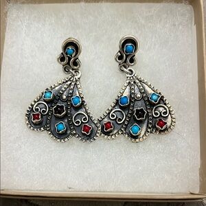 Vintage 925 Sterling Silver Turquoise, coral, amethyst, Taxco mexico Earrings